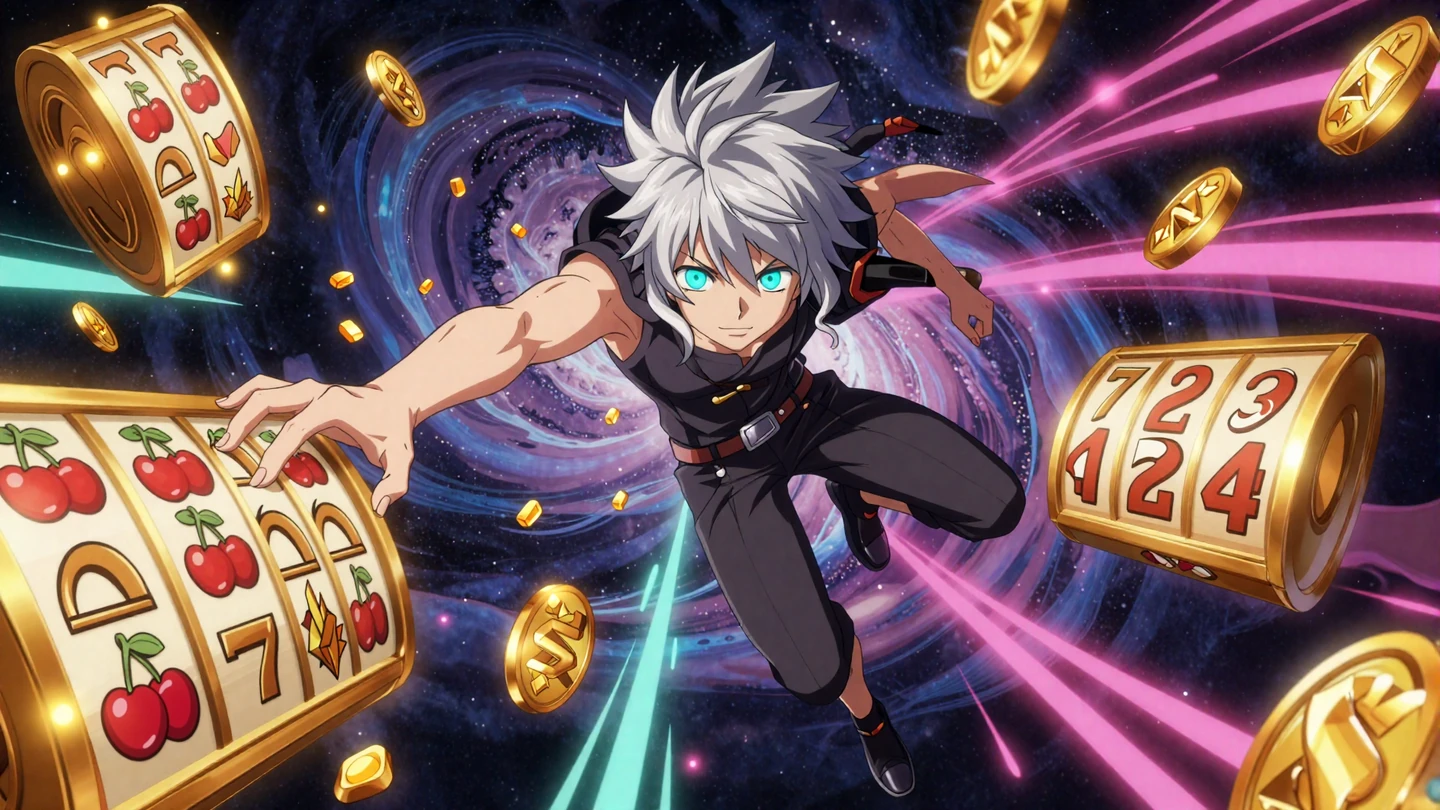 Anime-Charakter umgeben von goldenen Spielautomaten-Walzen im kosmischen Weltraum bei Yep Casino