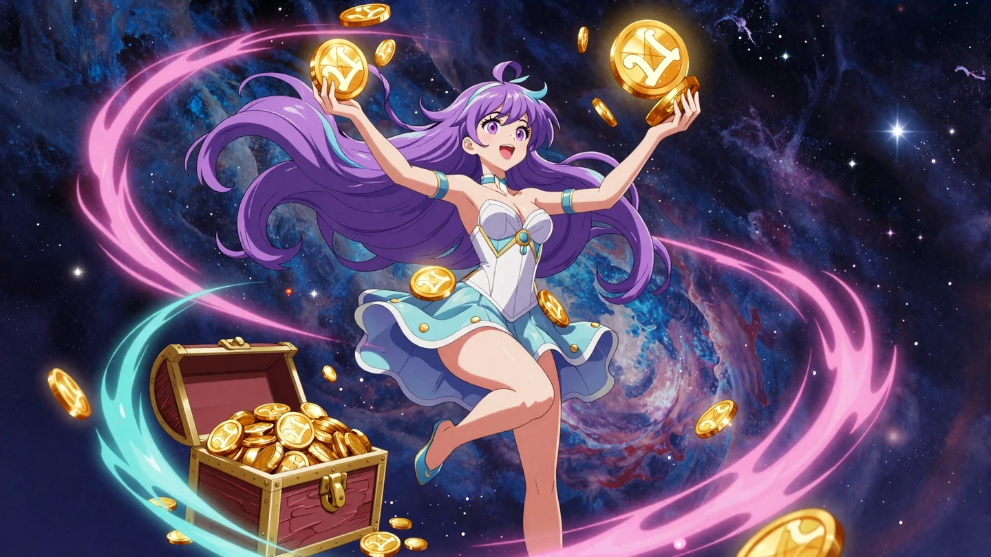 Yep Casino Anime-Maskottchen mit goldenen M&uuml;nzen und Freispiel-Symbolen im kosmischen Weltraum