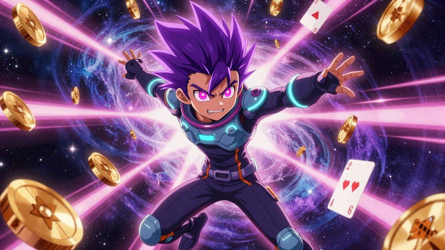 Yep Casino Anime-Maskottchen im kosmischen Weltraum mit Neon-Effekten und Casino-Elementen