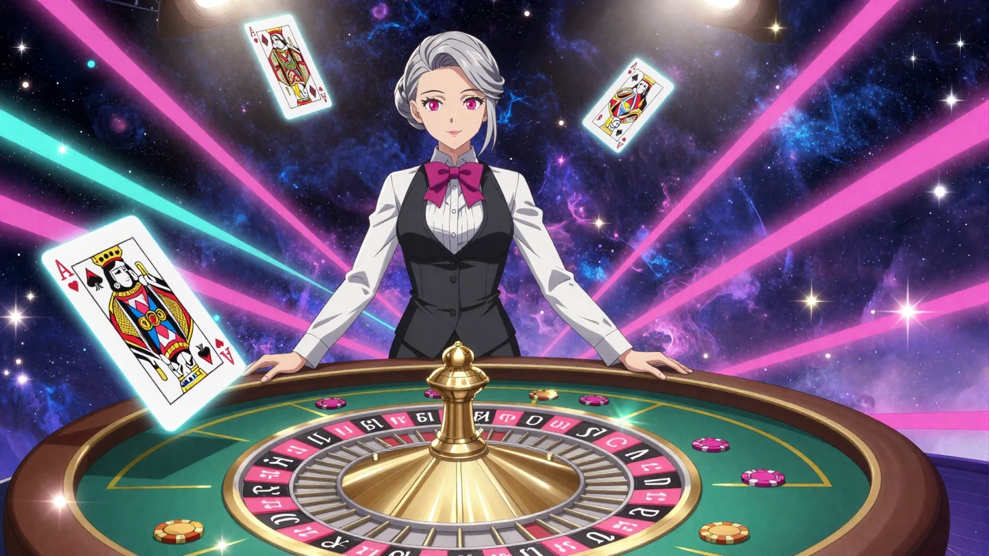 Anime-Dealerin am Roulette-Tisch im kosmischen Casino-Setting mit Neon-Lichteffekten bei Yep Casino