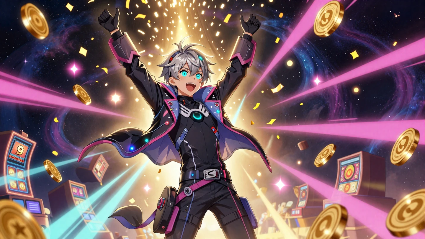 Yep Casino Willkommensbonus Anime-Maskottchen feiert mit goldenem Konfetti im kosmischen Weltraum